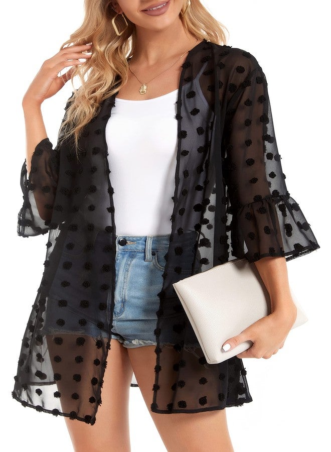 CHICGAL Kimonos for Women Summer Cardigan Tassel Poms Sheer Chiffon Loose Casual Beach Cover Ups (Black,3XL) - Image 4